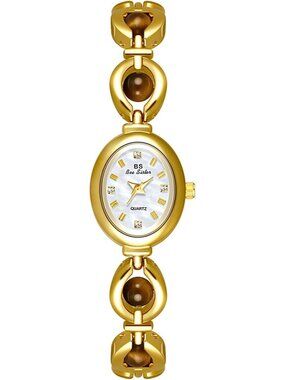 Women's Brown Gold Elegant Pearl Dainty Oval Bracelet Quartz Vintage Wrist Watch